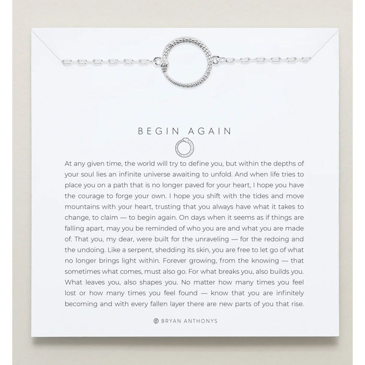 Begin Again Silver Necklace shown 
Length: 16" Adjustable, 2" Built-in Extender
Diameter: 14 mm