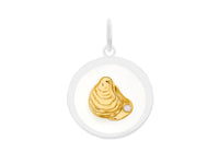 sterling silver with enamel inlay.
Showing white pendant with gold oyster and pearl in oyster 
Pearl is made from pearlized enamel.
Our gold plated jewelry is .925 sterling silver plated in 24K yellow gold
Our silver jewelry is 925 sterling silver.