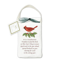 Quote reads: "It is a Scandinavian Tradition to feed the birds on New Year’s Day to ensure Good Luck in the year ahead. Spread birdseed on your doorstep for Luck in the coming year."
Kit: Includes a 3 ½" x 5 ¼" cotton tote, clear cello bag filled with birdseed and ribbon.
Cardinal