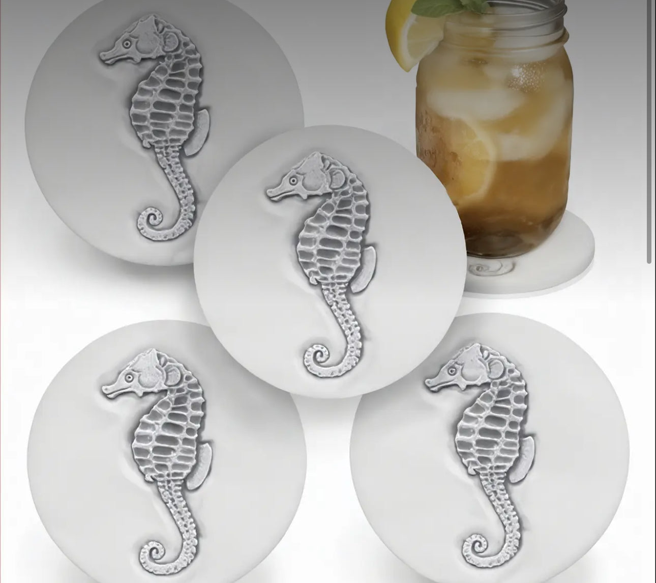 White seahorse absorbent coasters. Made in USA