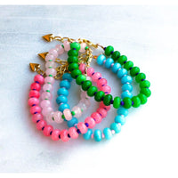Gorgeous colorful stone candy jade is hand strung to create this beaded bracelet.  Layer these up or wear them alone, they are perfect for a stylish pop of color to your outfits! 
__________________
D E T A I L S
•Colorful jade strung by hand 
•18kt gold filled closure and heart charm
•Available in a 6.5 inch length with a 1.5 inch extender