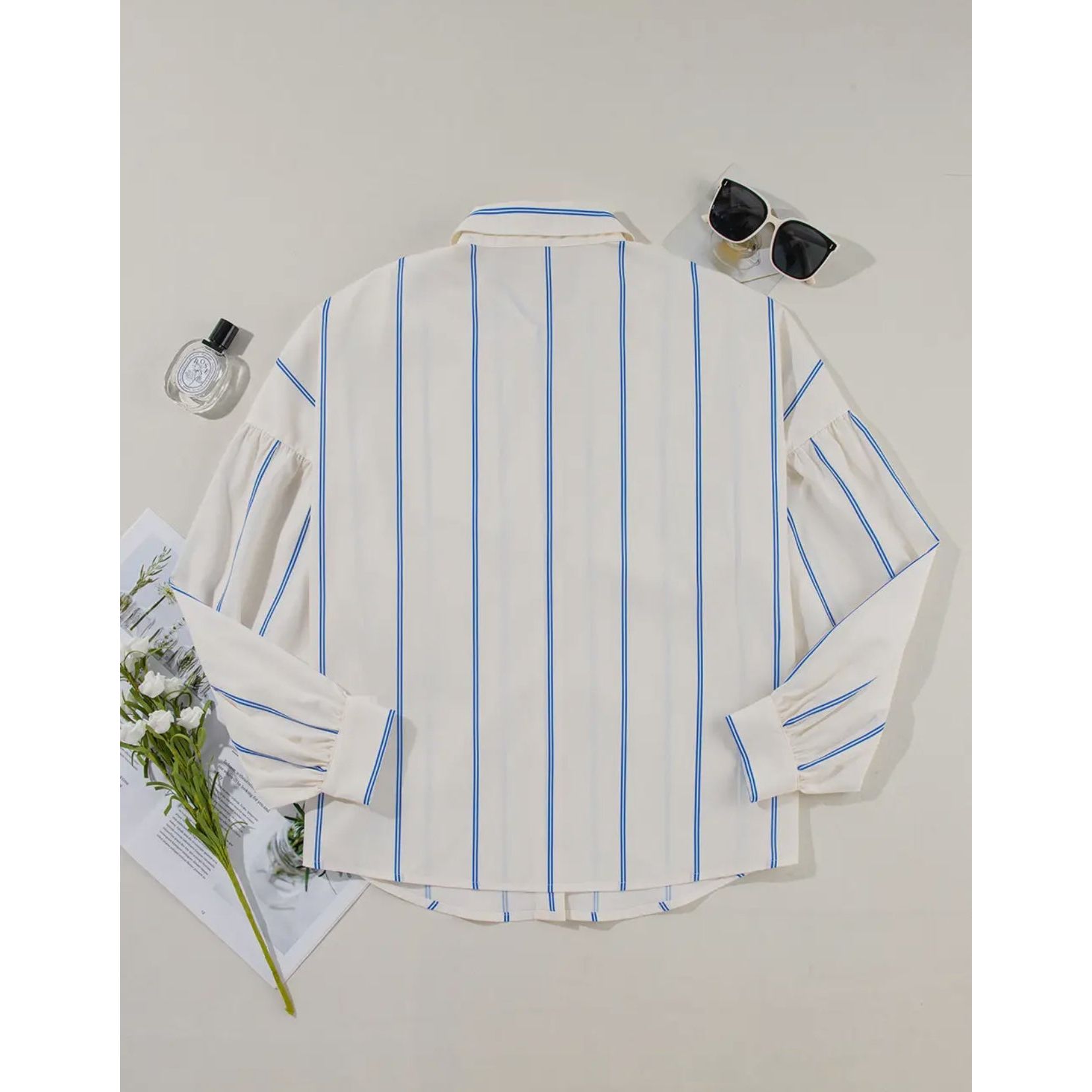 Stripe Bubble Sleeve Button Shirt