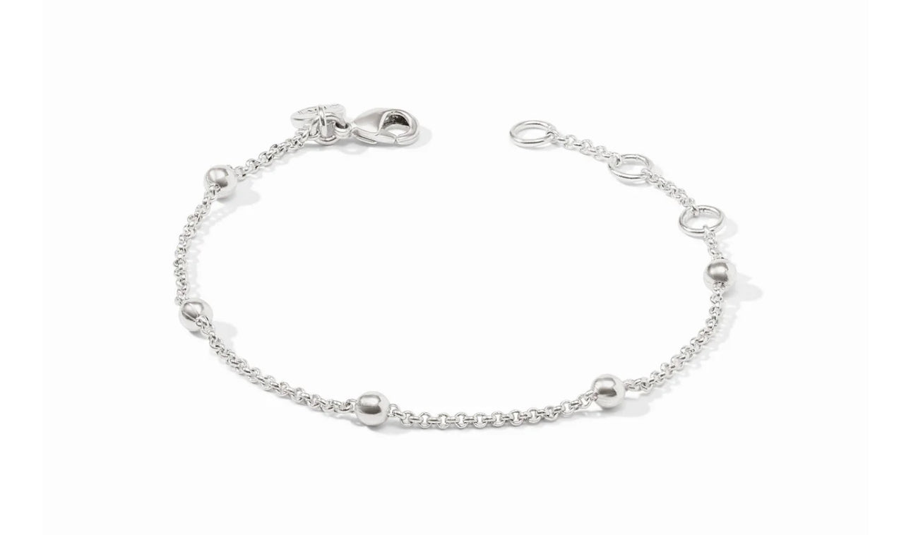 Pure silver plate (tarnish-free)
Inner circumference: 6.8 / 7 / 7.3 inches (adjustable)
Width: 0.2 inches
Closes with lobster clasp
Julie Vos hallmark