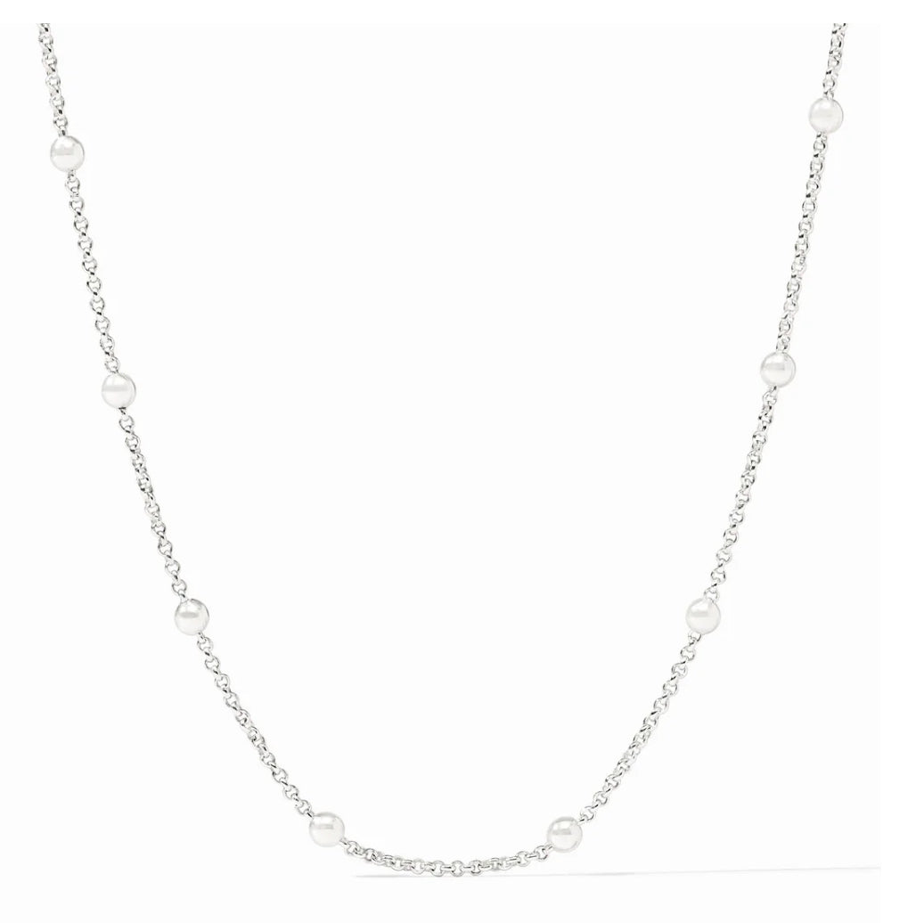 Station Necklace 
Pure silver plate (tarnish-free)
24" length: adjustable to 22 / 23 / 24 inches
Closes with lobster clasp
Julie Vos hallmark