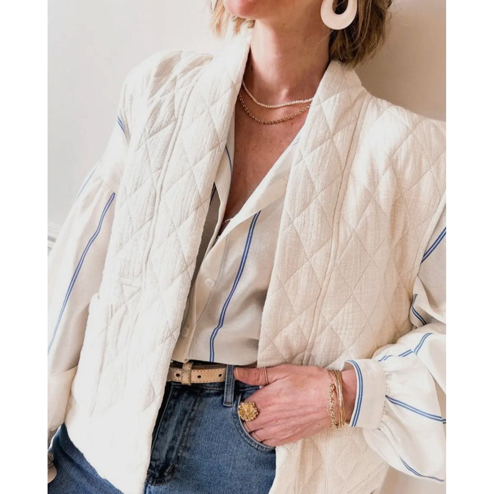 Stripe Bubble Sleeve Button Shirt