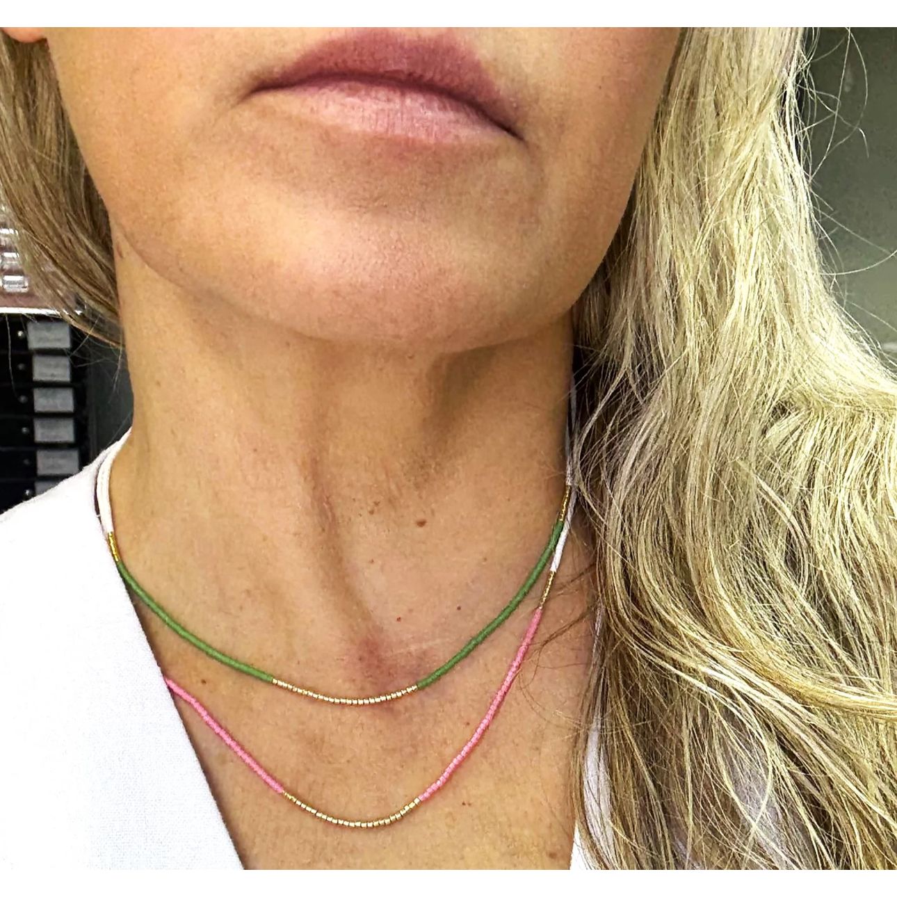 Pink necklace shown at 18 inches layered with gray necklace shown at 16 inches