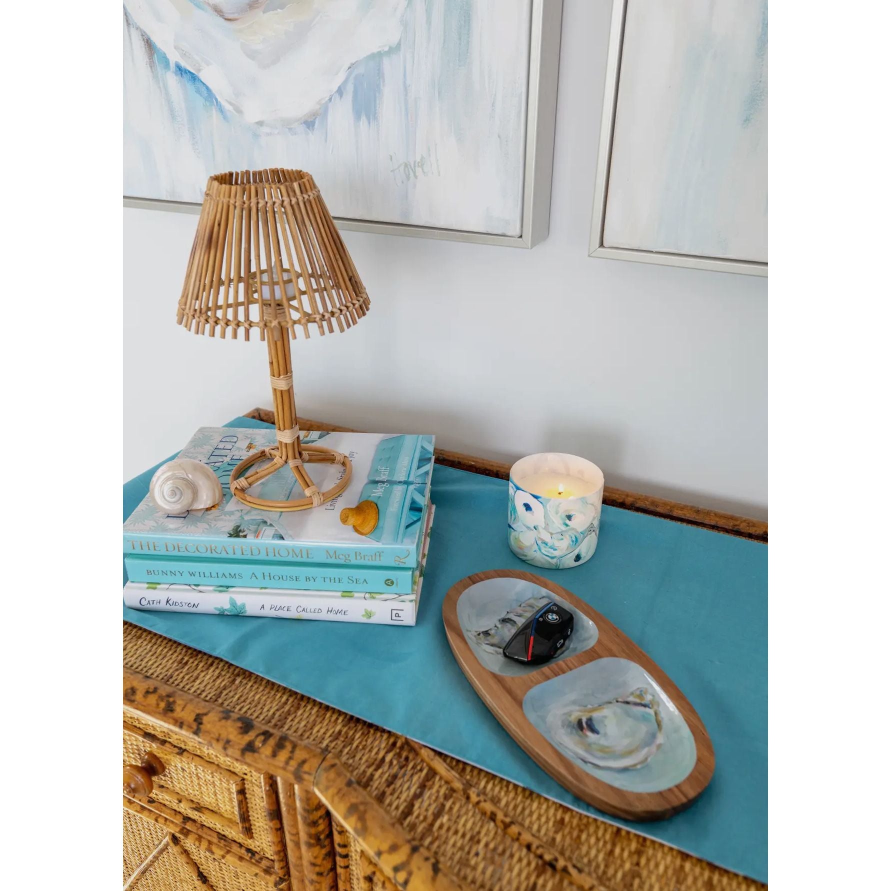 Tray shown on end table with keys
