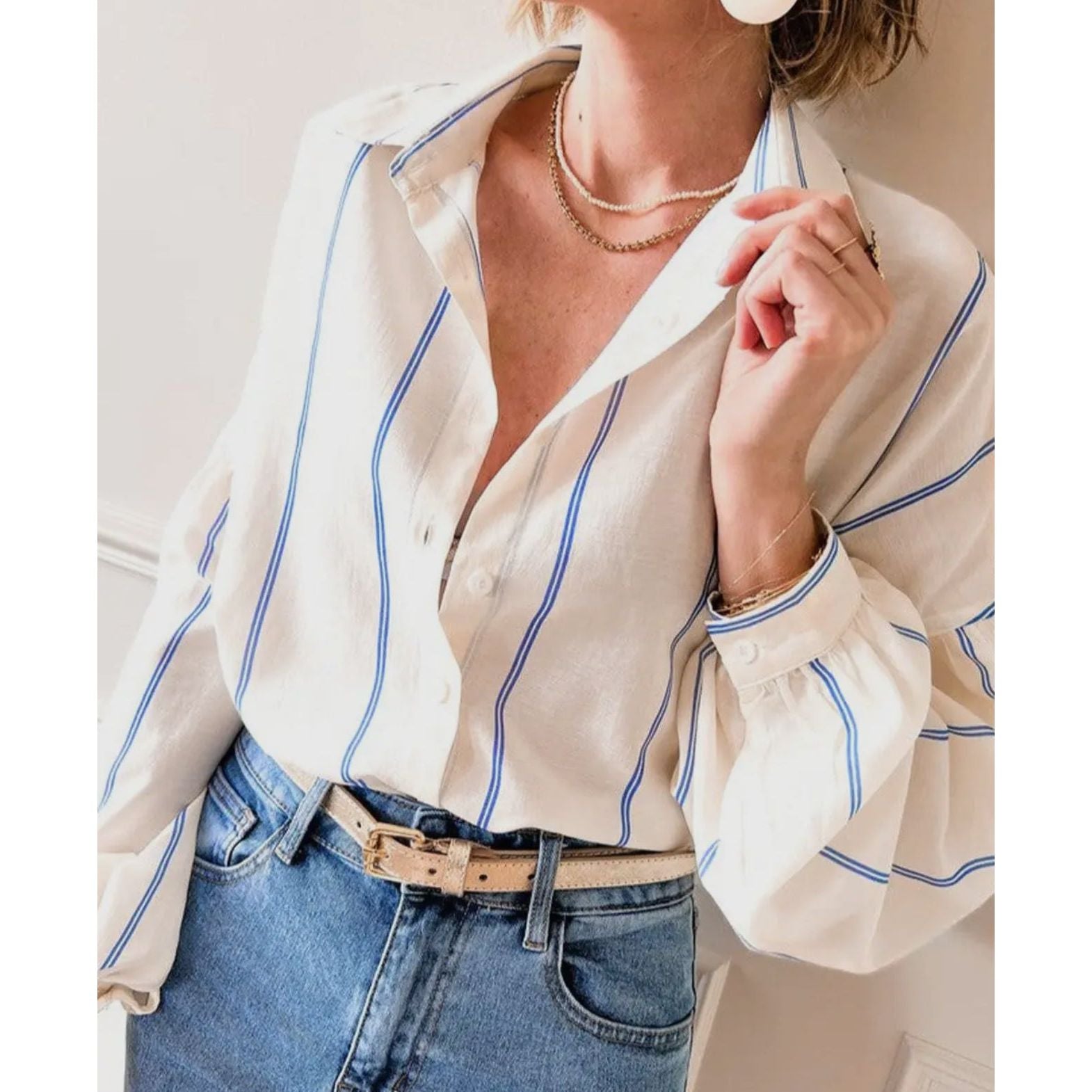 Stripe Bubble Sleeve Button Shirt