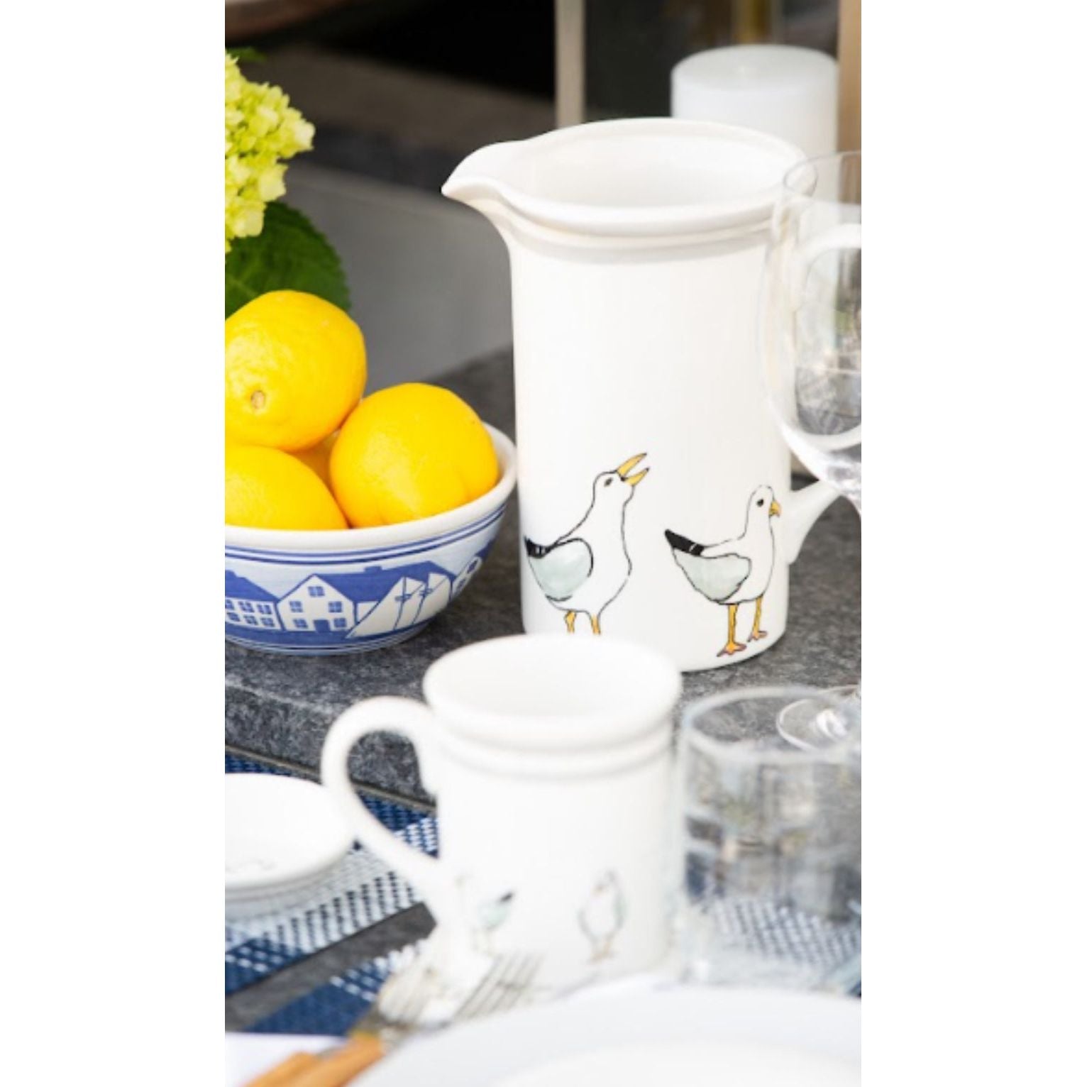 Seagull mug and pitcher shown on table