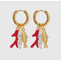 Gold plated hoop water proof fish shaped earrings with orange coral and pearls. Each charm can be worn together as shown or separately on the hoop