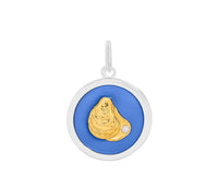 Showing 27 mm periwinkle blue email with gold oyster  and pearl