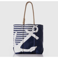 Anchor sail bag shown 
Sailboats have been a source of inspiration since the first ones set sail to the ends of the earth. While the days of shipping by sailing vessel are largely over, the exploration continues with a variety of original sails that have become this unique Vintage Black 197 Medium Tote. Featuring hand-spliced rope handles and original sail insignia that has seen the ocean, these totes are crafted by hand right here in Maine. Finished with an interior hanging pocket and metal clasp closure,