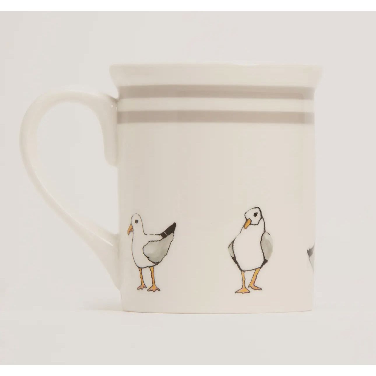 Mug shown with seagulls on bottom and double light grey lines on top