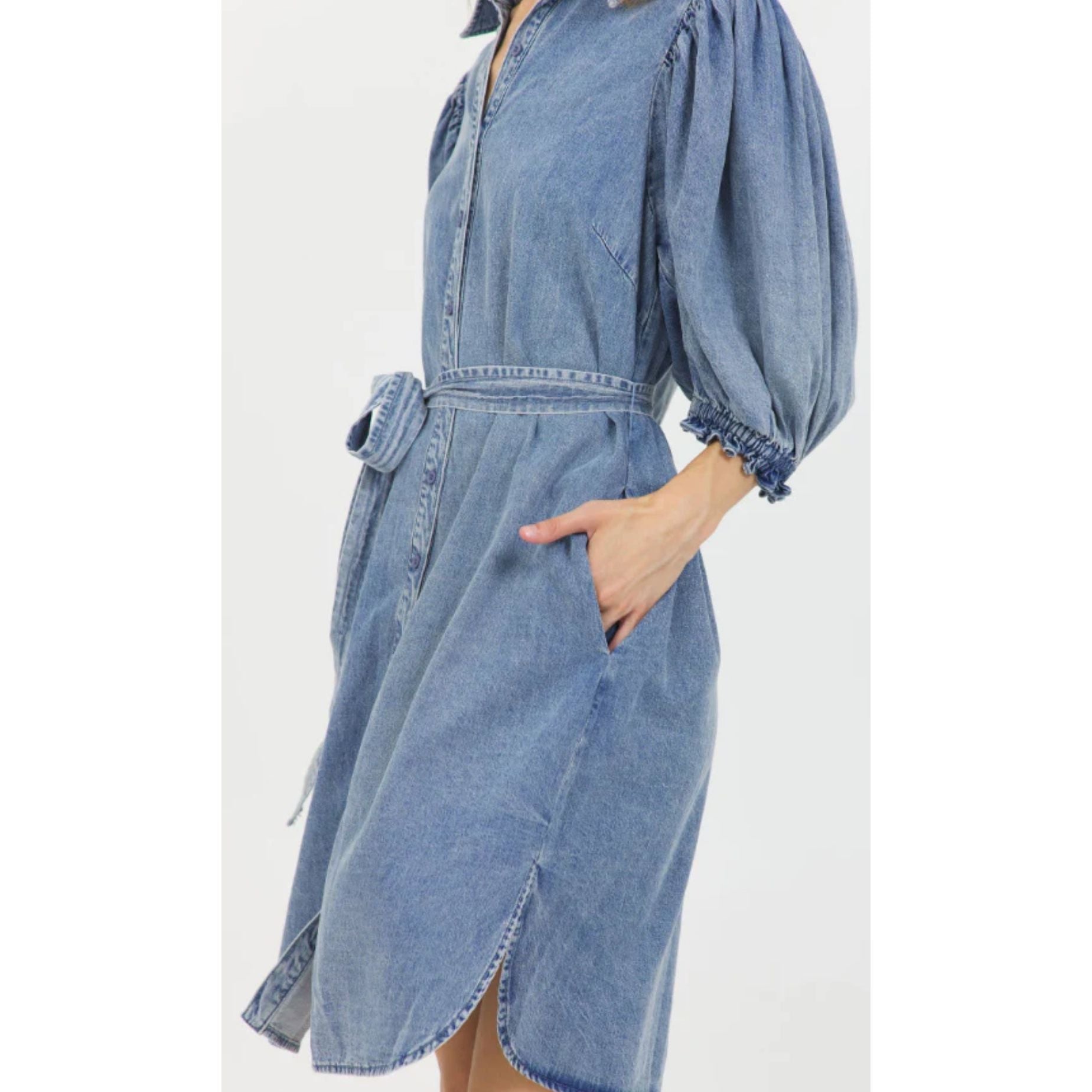 STELLAH DENIM PUFF SLEEVE BUTTON DOWN SHIRT DRESS