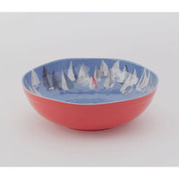 Set sail and a pop of color to your coastal table with the Race Day collection.  Red outer bowl with blue inside and sailboats 
Lg bowl-Dimensions: 12" x 4"