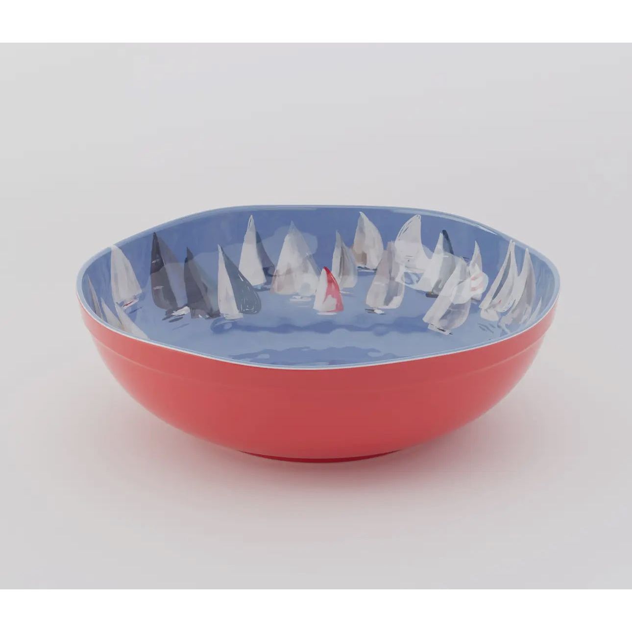 Set sail and a pop of color to your coastal table with the Race Day collection.  Red outer bowl with blue inside and sailboats 
Lg bowl-Dimensions: 12" x 4"