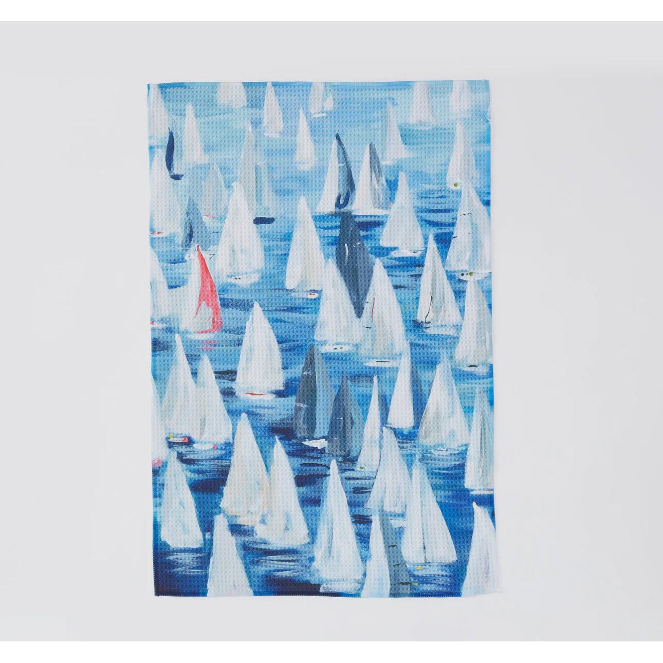Race day sailboat towel shown in blue and white hues. 
80% durable woven polyester/ 20% polyamide blend microfiber
Dimensions: 16" x 24"
Print front and white back
