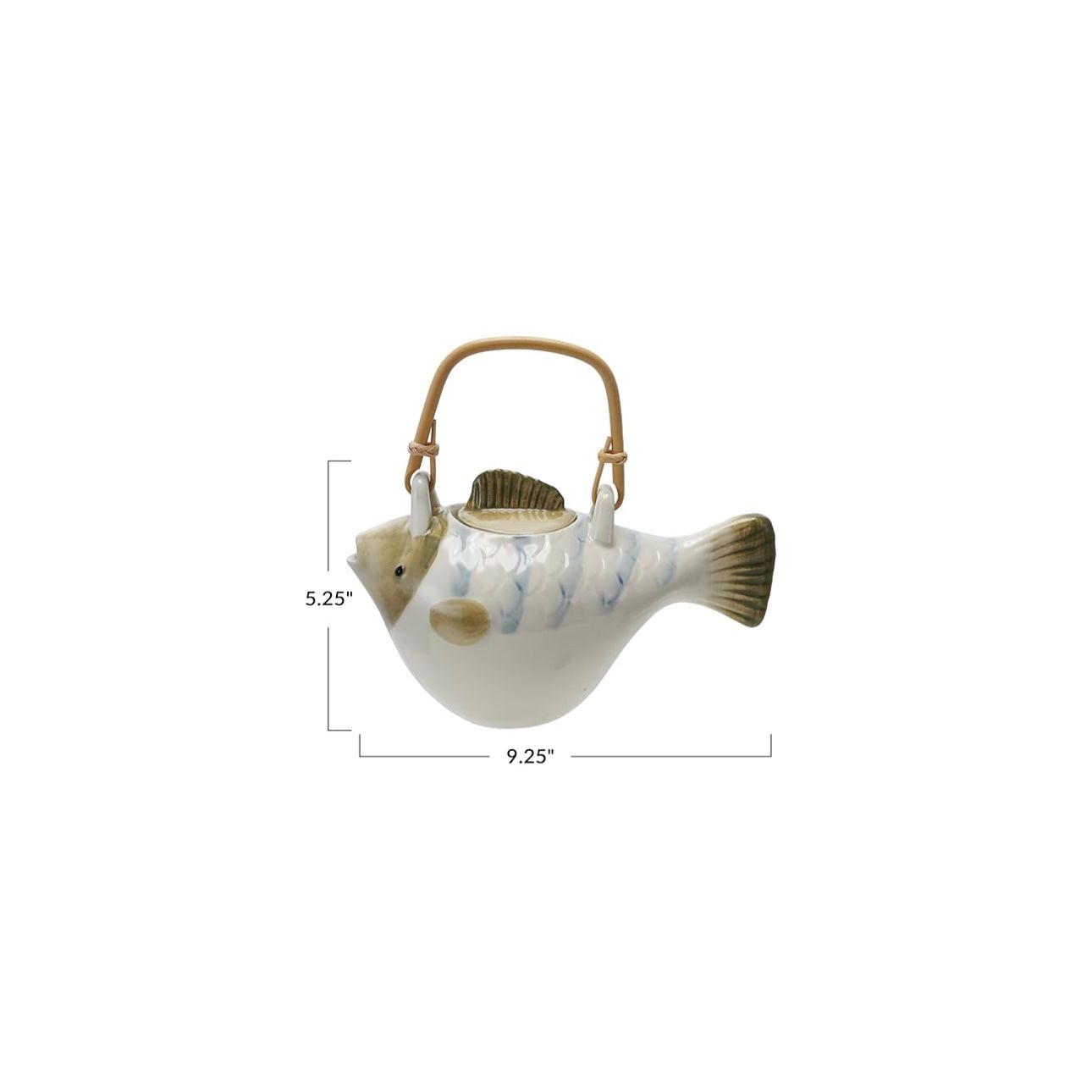 Showing dimensions for A whimsical fish shapes tea pot made of stoneware and a bamboo handle is a fun, coastal touch.  Perfect for brewing and serving tea. Comes with  metal strainer 9.25” L x 5.25” W x 5.25” H