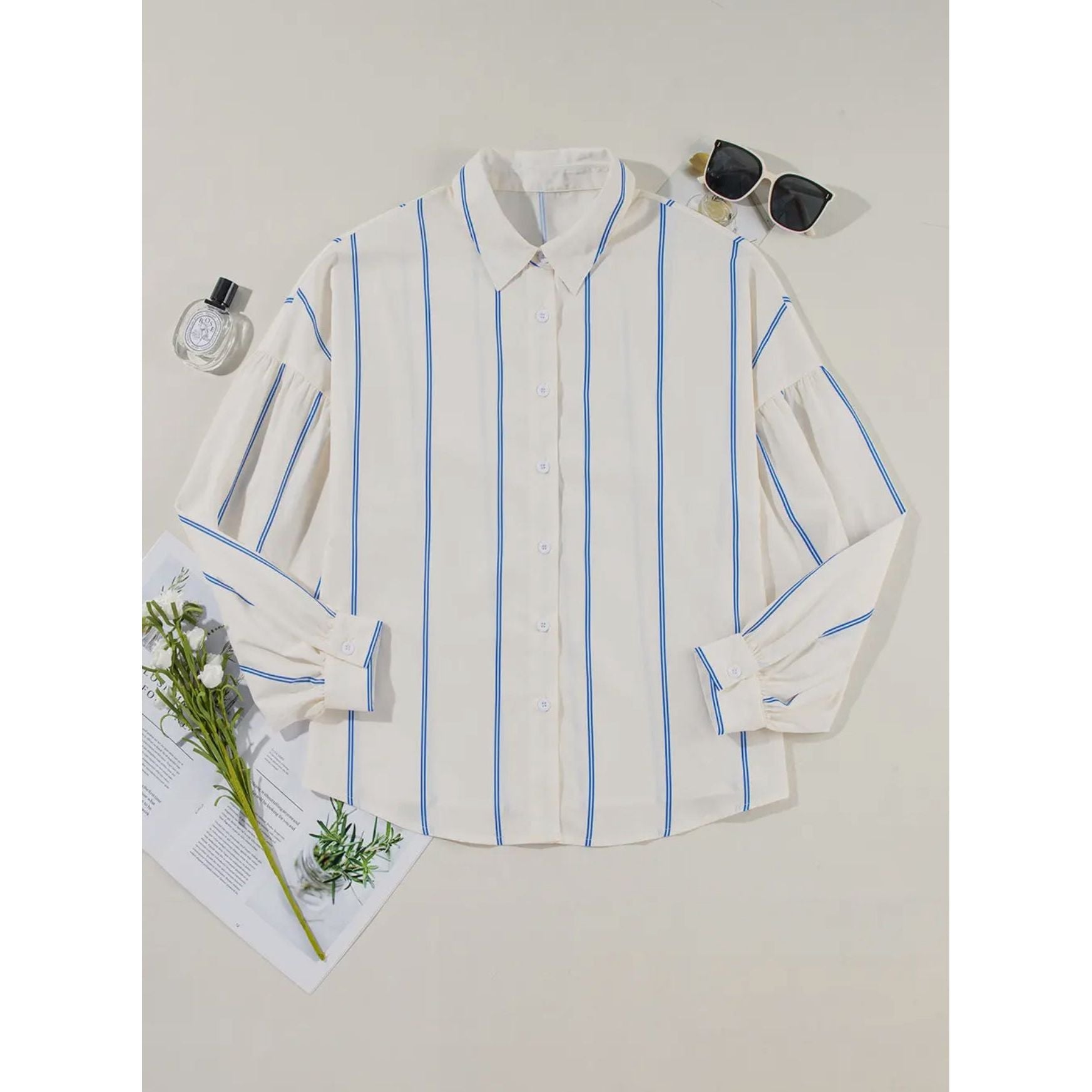 Stripe Bubble Sleeve Button Shirt
