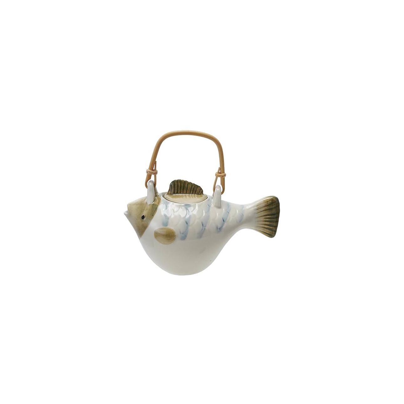 A whimsical fish shapes tea pot made of stoneware and a bamboo handle is a fun, coastal touch.  Perfect for brewing and serving tea. Comes with  metal strainer 9.25” L x 5.25” W x 5.25” H