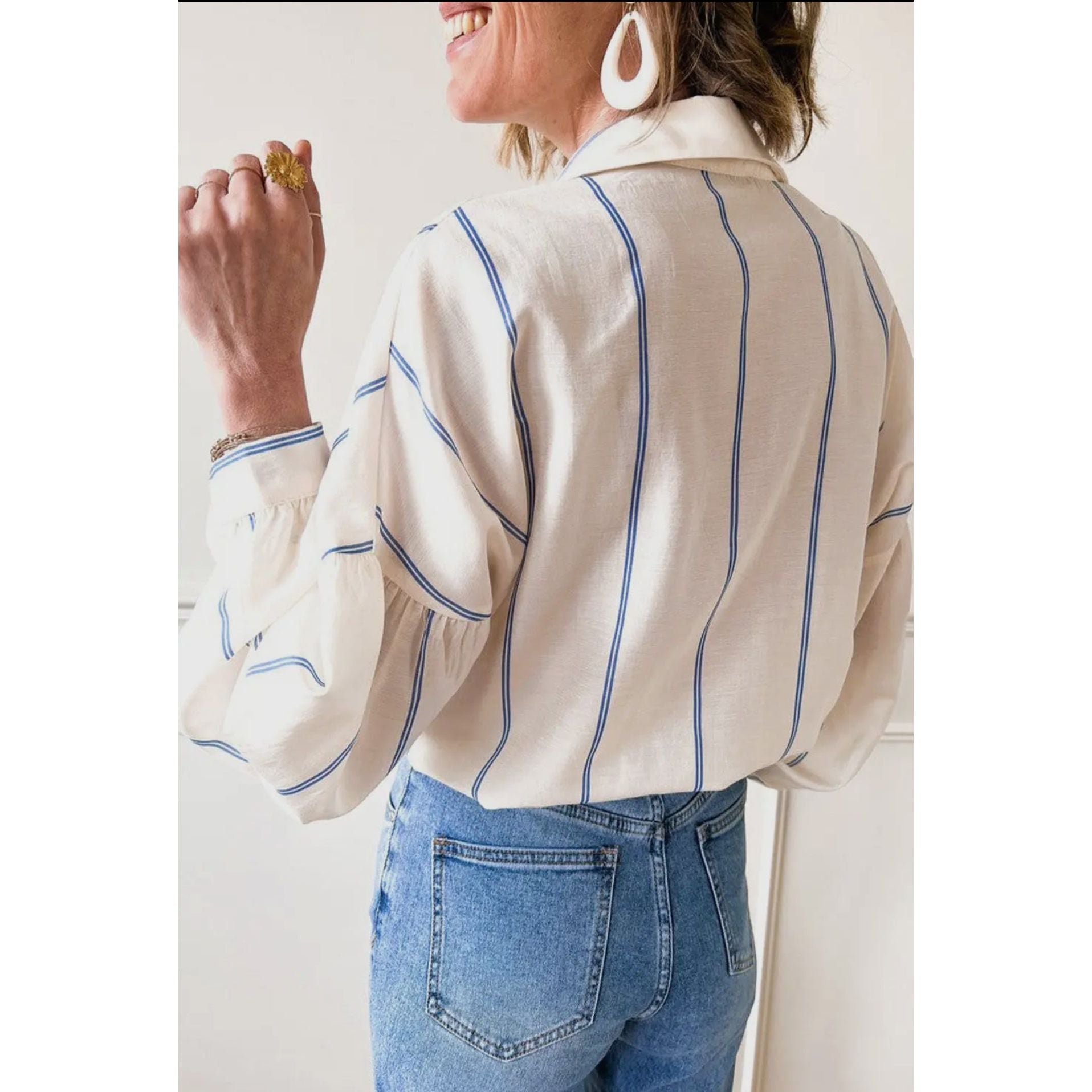 Stripe Bubble Sleeve Button Shirt