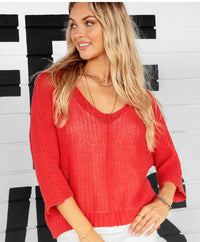 This red, soft, lightweight, and breathable top is knit with a tuck stitch for an airy feel. The super-boxy fit and deep V-neck are both flattering and cooling. Knitted from our cotton-blend yarn, it features 3/4 sleeves, a ribbed hem, and a center seam for a casual touch.
Composition: 60% cotton, 40% acrylic
 
SIZE	CHEST WIDTH (CM)	LENGTH (CM)
X/S	2-4	56.50	52.75
S/M	6-8	59.00	55.00
M/L	10-12	61.5