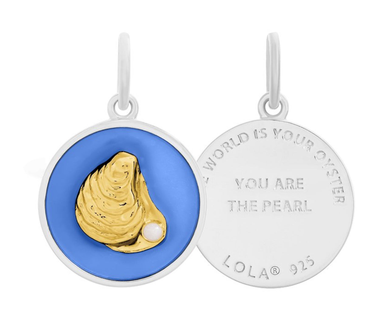 Periwinkle blue and gold oyster with pearl pendant.  
Shaped by challenges, polished by time , and made to shine.
THE WORLD IS YOUR OYSTER, YOU ARE THE PEARL
This oyster pendant is a symbol of growth, grit, and grace—reminding you that something beautiful can emerge from within. A timeless piece for anyone embracing their journey.