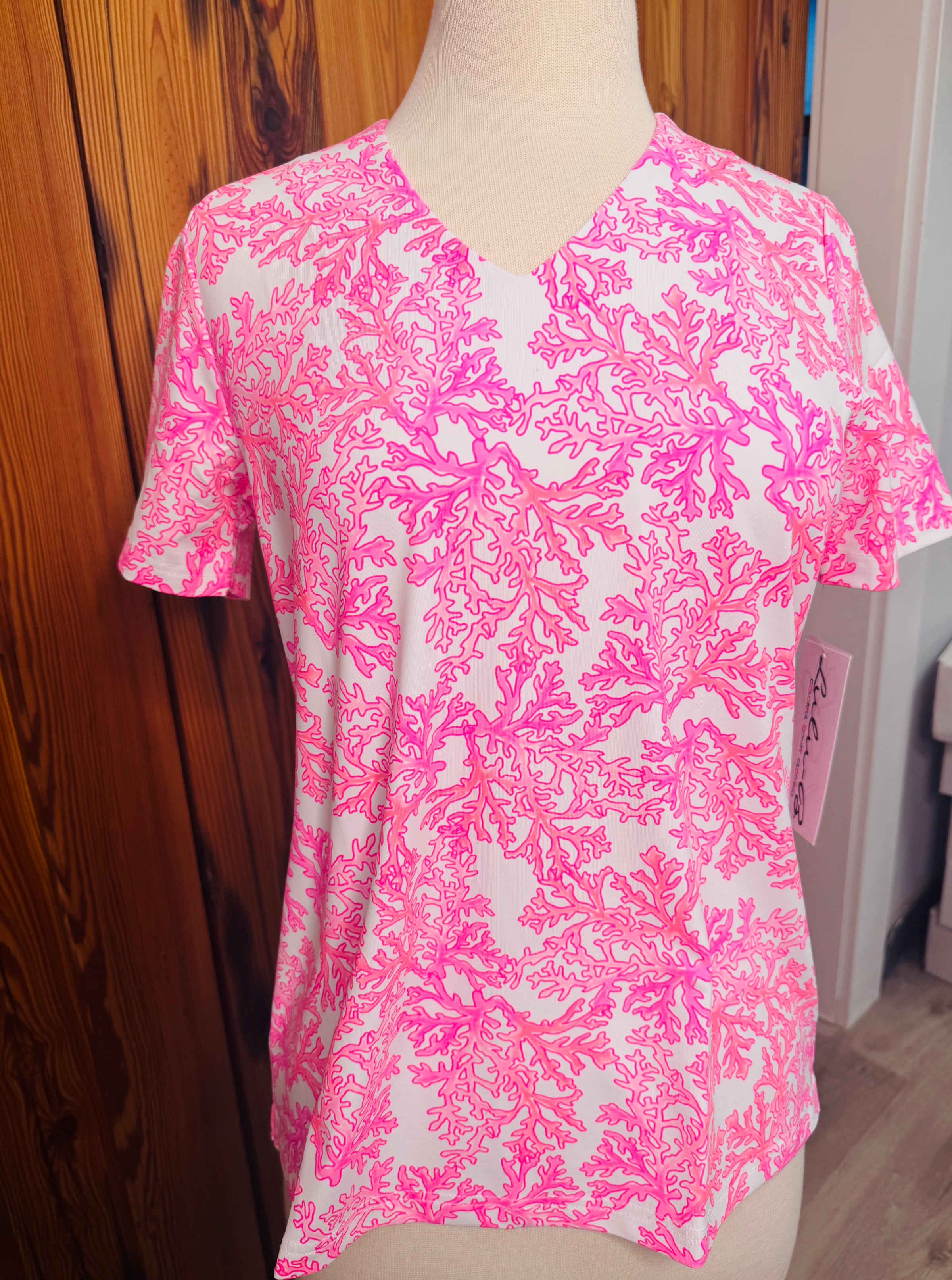 Lulu-B Pink Sea Coral V-Neckline Short Sleeve