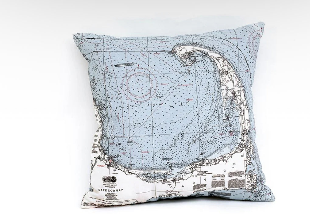 Very durable and soft outdoor/indoor 18" x 18" pillow. The design is a detailed NOAA nautical map covering all of Cape Cod.