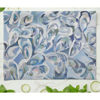 Kim Hovell oyster print shown in blues and purple hues