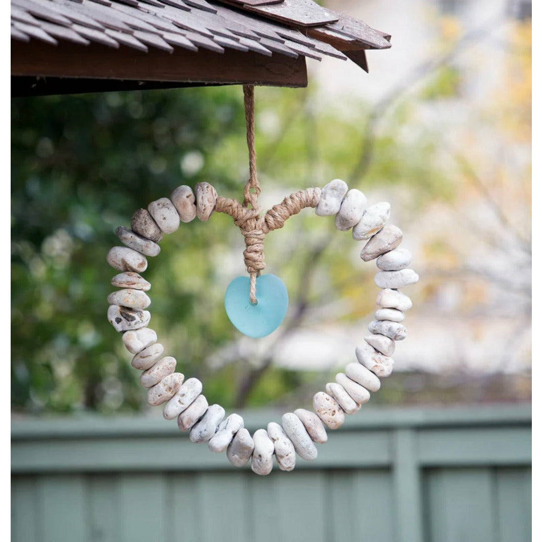 Hanging Glass Heart and Stone Garden Art