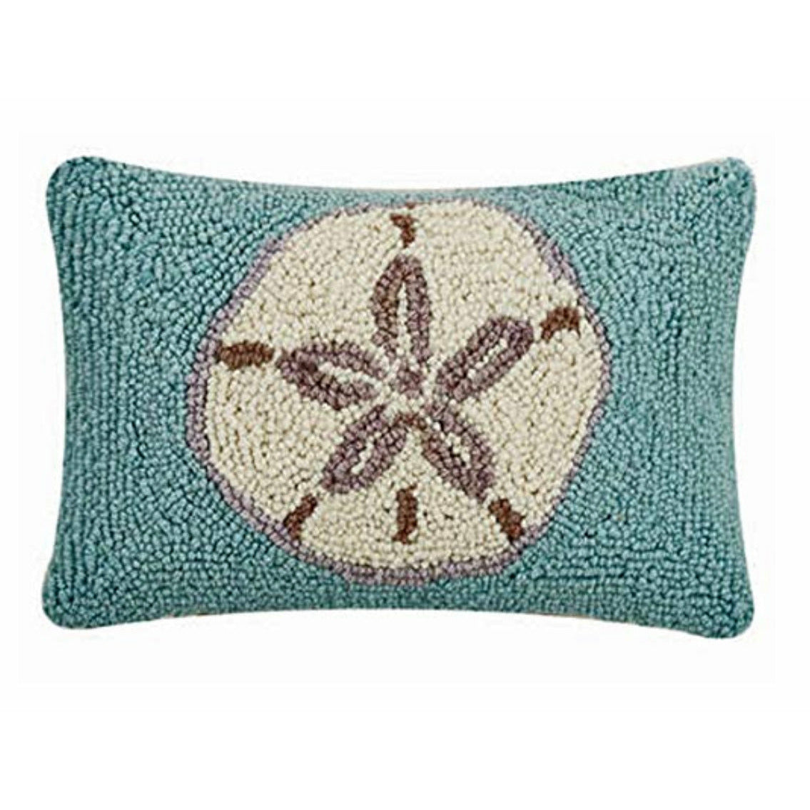 These mini hooked pillows are such a delight! Hooked in 100% wool, with a zip off cover, this one features a nautical style beach Sand Dollar. The background is an aqua shade, makes a wonderful contrast. It won't be hard to find a perfect spot for this beauty!
 
8 x 12