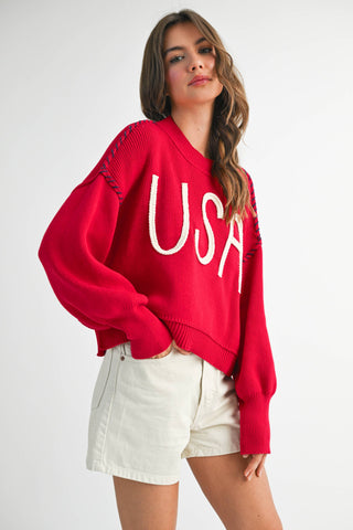 Women's USA Rope Letter Sweater | Cotton Oversized Patriotic Pullover