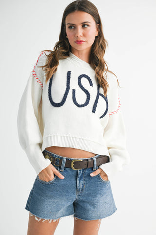 Women's USA Rope Letter Sweater | Cotton Oversized Patriotic Pullover