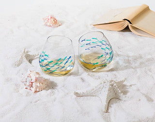 Blue & Green Etched Fish Wine Glass