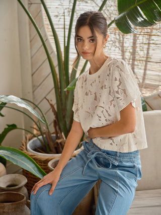 Lace Floral Blouse – Elegant Short Sleeve Eyelet Top