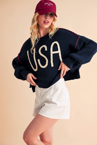 Women's USA Rope Letter Sweater | Cotton Oversized Patriotic Pullover