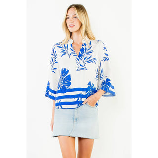 Thml Coastal Blue Tropical Leaf Print V-Neck Blouse