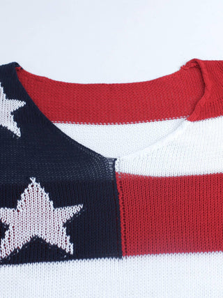 4th Of July Knit Summer American Flag Sweater - V-Neck