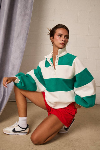 Everly Oversized Rugby Stripe Snap Collar Pullover