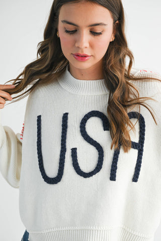 Women's USA Rope Letter Sweater | Cotton Oversized Patriotic Pullover