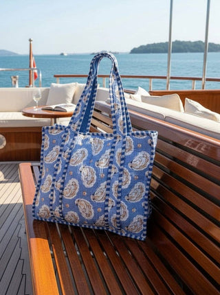 Coastal Oyster Print Block Fabric Travel Tote