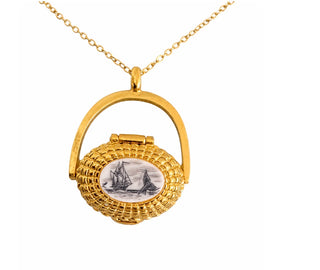 Nantucket Lightship Basket Pendant Necklace with Scrimshaw & Lucky Penny
