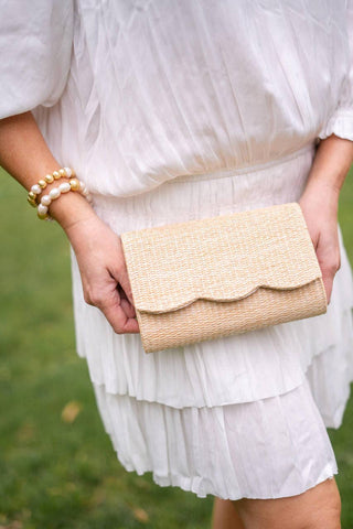 Ruby Scalloped Straw Clutch – Customizable Gold Charm Crossbody