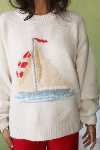 Sailboat Knit Fuzzy Sweater