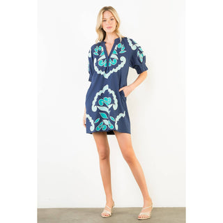Thml Embroidered Puff Sleeve V-Neck Cotton Mini Dress