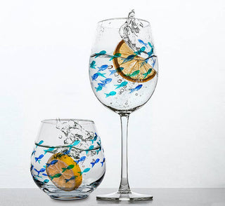 Blue & Green Etched Fish Wine Glass