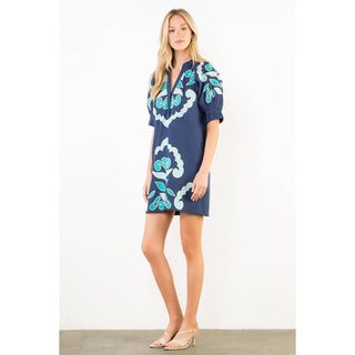 Thml Embroidered Puff Sleeve V-Neck Cotton Mini Dress
