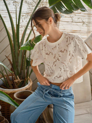 Lace Floral Blouse – Elegant Short Sleeve Eyelet Top
