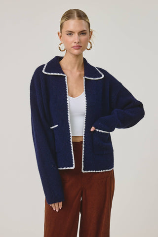 Sardine Postcard Sailor Cardigan – Nautical Embroidered Navy Knit